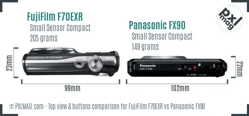 FujiFilm F70EXR vs Panasonic FX90 top view buttons comparison