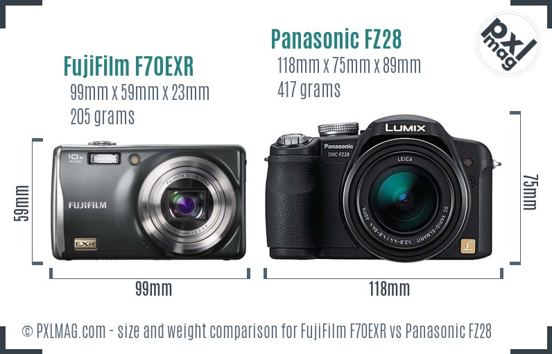 FujiFilm F70EXR vs Panasonic FZ28 size comparison