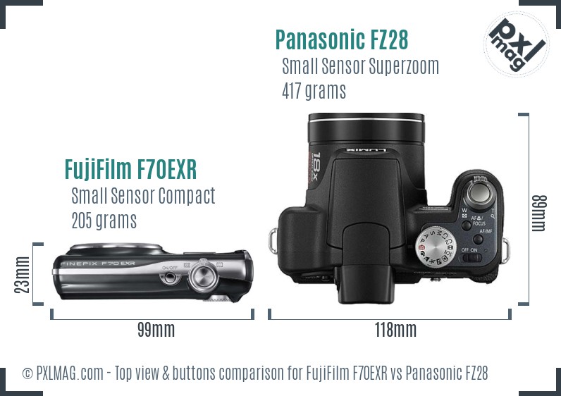 FujiFilm F70EXR vs Panasonic FZ28 top view buttons comparison