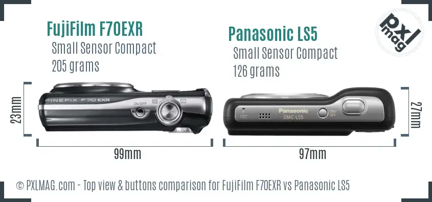 FujiFilm F70EXR vs Panasonic LS5 top view buttons comparison FujiFilm F70EXR vs Panasonic LS5 top view buttons comparison