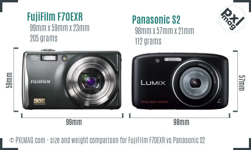 FujiFilm F70EXR vs Panasonic S2 size comparison