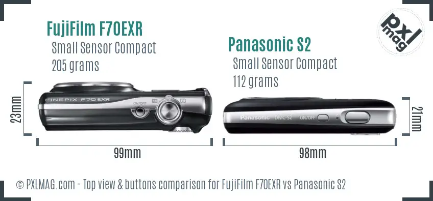 FujiFilm F70EXR vs Panasonic S2 top view buttons comparison