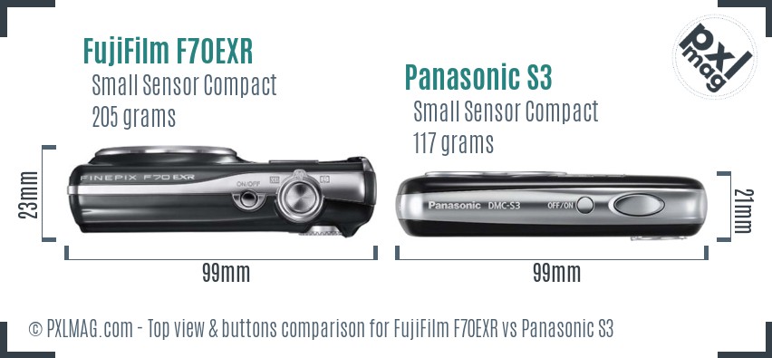 FujiFilm F70EXR vs Panasonic S3 top view buttons comparison