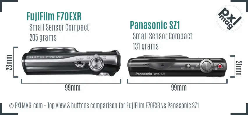 FujiFilm F70EXR vs Panasonic SZ1 top view buttons comparison FujiFilm F70EXR vs Panasonic SZ1 top view buttons comparison