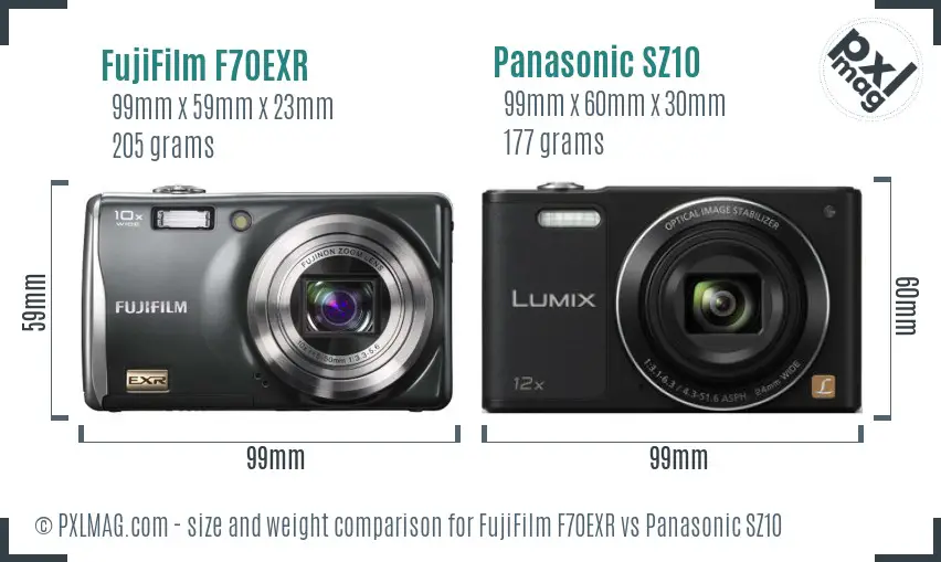 FujiFilm F70EXR vs Panasonic SZ10 size comparison