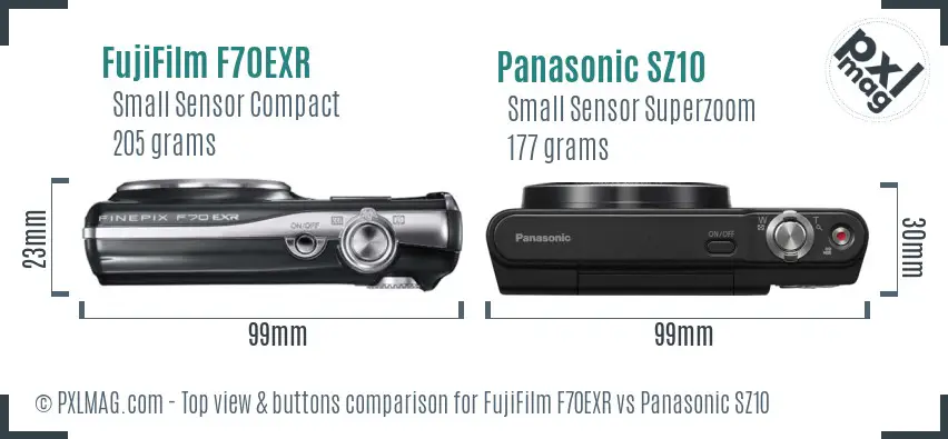 FujiFilm F70EXR vs Panasonic SZ10 top view buttons comparison
