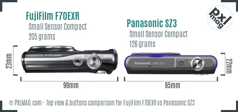 FujiFilm F70EXR vs Panasonic SZ3 top view buttons comparison