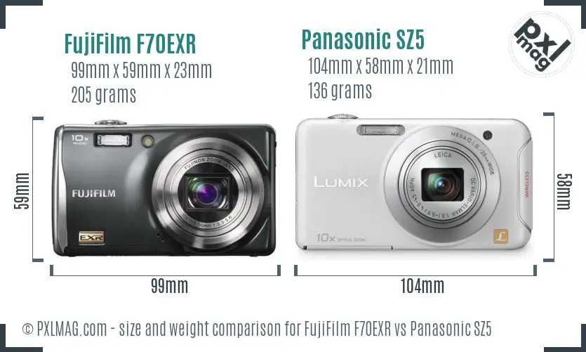 FujiFilm F70EXR vs Panasonic SZ5 size comparison