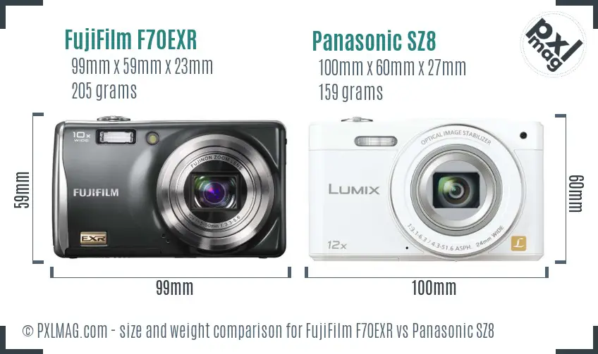 FujiFilm F70EXR vs Panasonic SZ8 size comparison