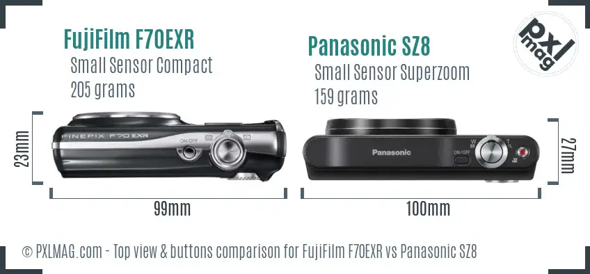 FujiFilm F70EXR vs Panasonic SZ8 top view buttons comparison