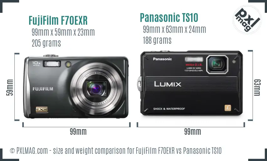 FujiFilm F70EXR vs Panasonic TS10 size comparison