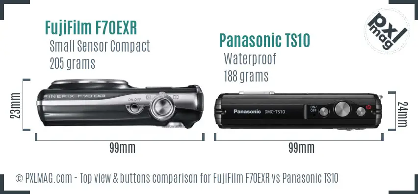 FujiFilm F70EXR vs Panasonic TS10 top view buttons comparison