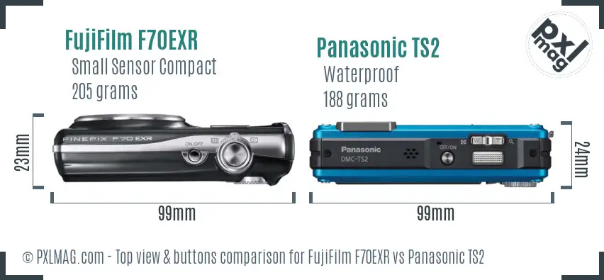 FujiFilm F70EXR vs Panasonic TS2 top view buttons comparison