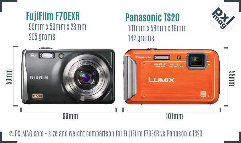 FujiFilm F70EXR vs Panasonic TS20 size comparison