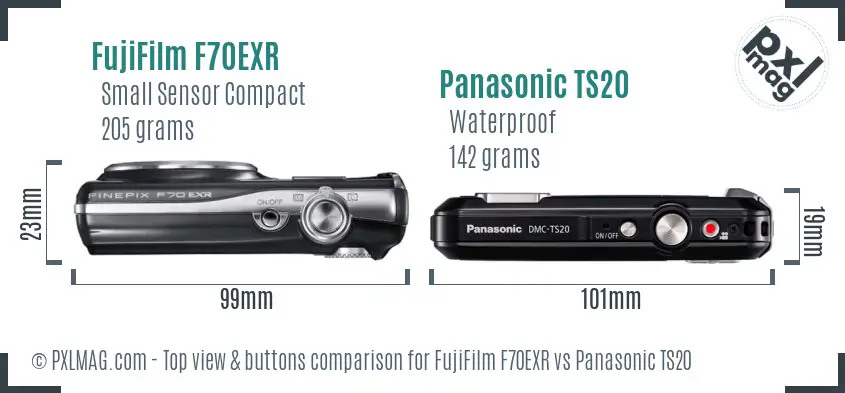 FujiFilm F70EXR vs Panasonic TS20 top view buttons comparison