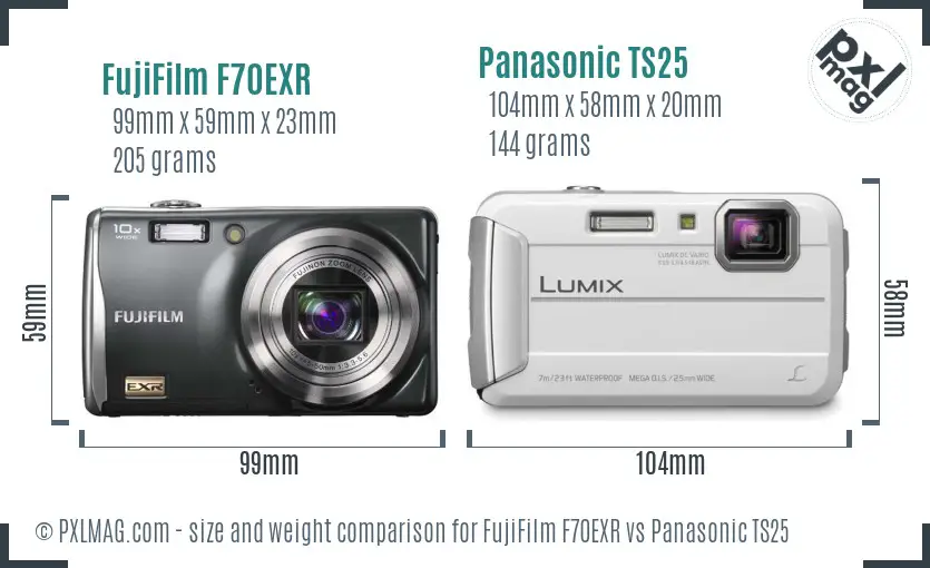 FujiFilm F70EXR vs Panasonic TS25 size comparison