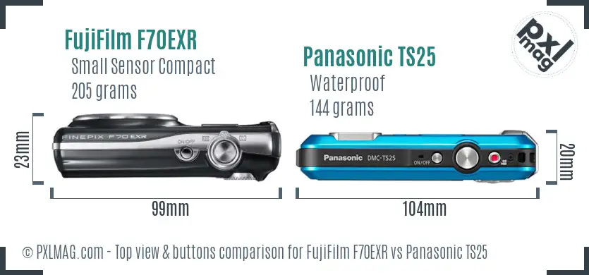 FujiFilm F70EXR vs Panasonic TS25 top view buttons comparison