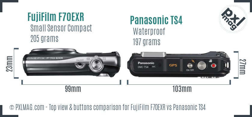 FujiFilm F70EXR vs Panasonic TS4 top view buttons comparison