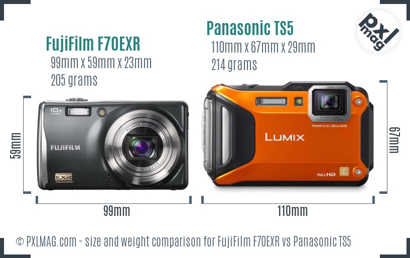 FujiFilm F70EXR vs Panasonic TS5 size comparison