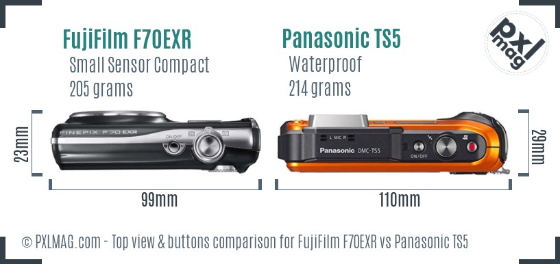 FujiFilm F70EXR vs Panasonic TS5 top view buttons comparison