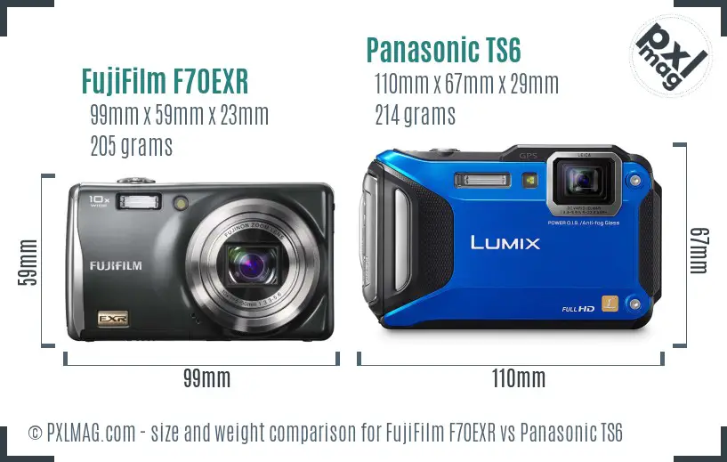 FujiFilm F70EXR vs Panasonic TS6 size comparison