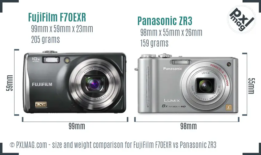 FujiFilm F70EXR vs Panasonic ZR3 size comparison