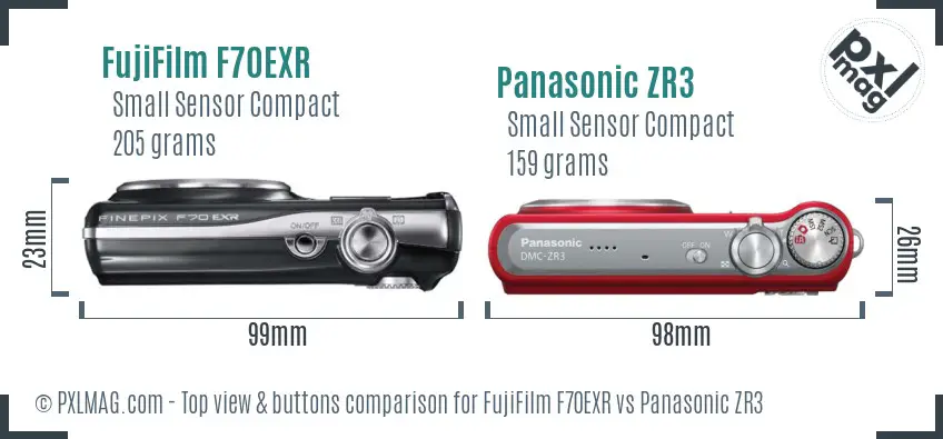 FujiFilm F70EXR vs Panasonic ZR3 top view buttons comparison