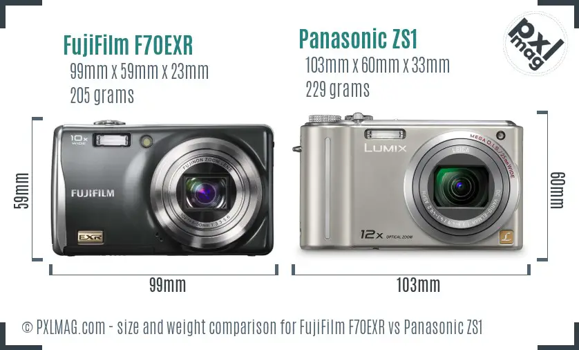 FujiFilm F70EXR vs Panasonic ZS1 size comparison