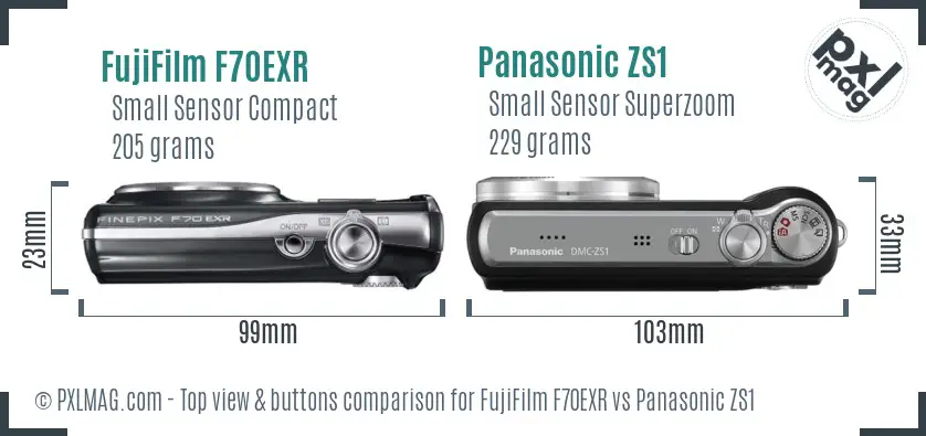 FujiFilm F70EXR vs Panasonic ZS1 top view buttons comparison