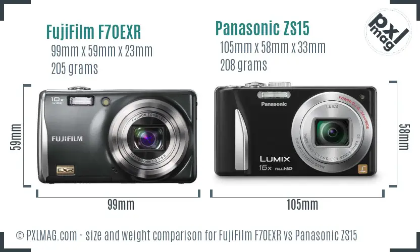 FujiFilm F70EXR vs Panasonic ZS15 size comparison