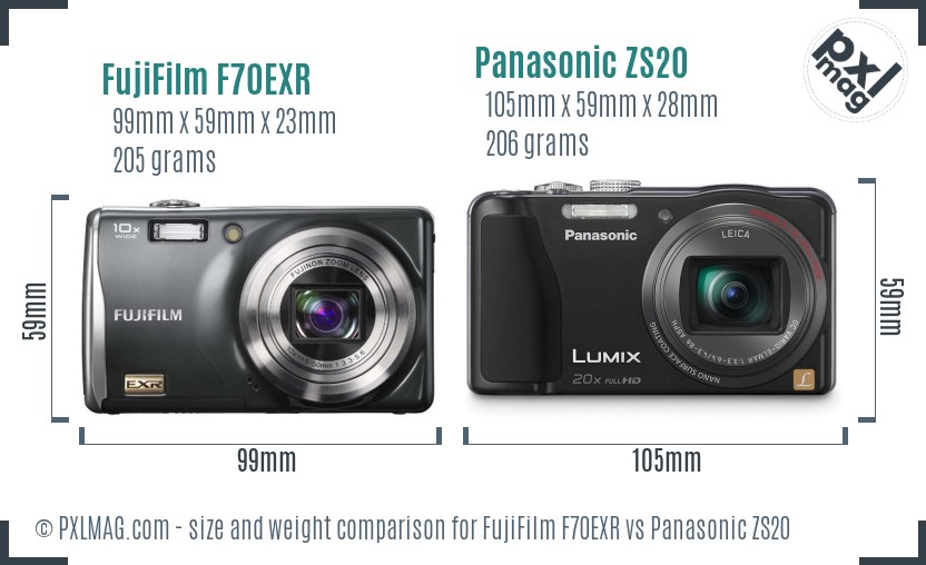 FujiFilm F70EXR vs Panasonic ZS20 size comparison FujiFilm F70EXR vs Panasonic ZS20 size comparison