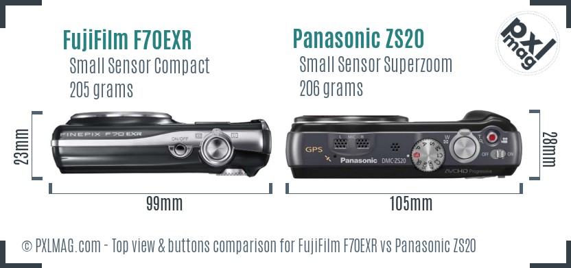 FujiFilm F70EXR vs Panasonic ZS20 top view buttons comparison