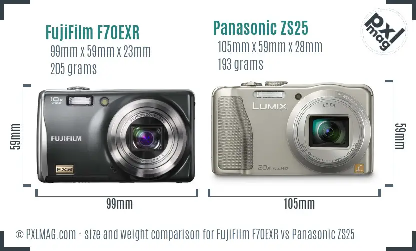 FujiFilm F70EXR vs Panasonic ZS25 size comparison