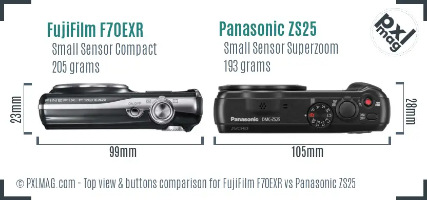 FujiFilm F70EXR vs Panasonic ZS25 top view buttons comparison