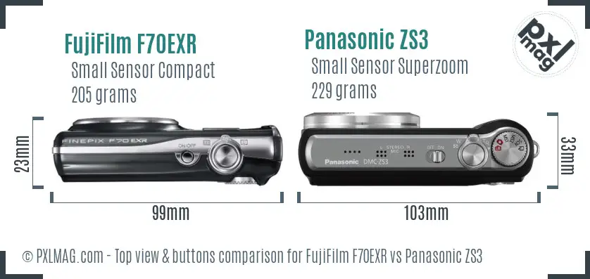 FujiFilm F70EXR vs Panasonic ZS3 top view buttons comparison FujiFilm F70EXR vs Panasonic ZS3 top view buttons comparison