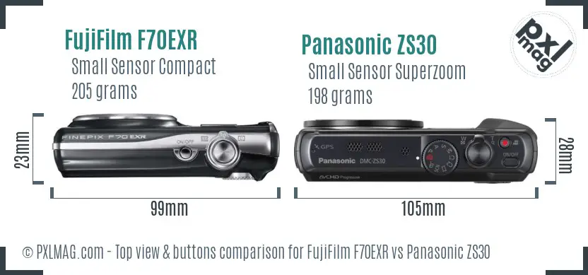 FujiFilm F70EXR vs Panasonic ZS30 top view buttons comparison FujiFilm F70EXR vs Panasonic ZS30 top view buttons comparison