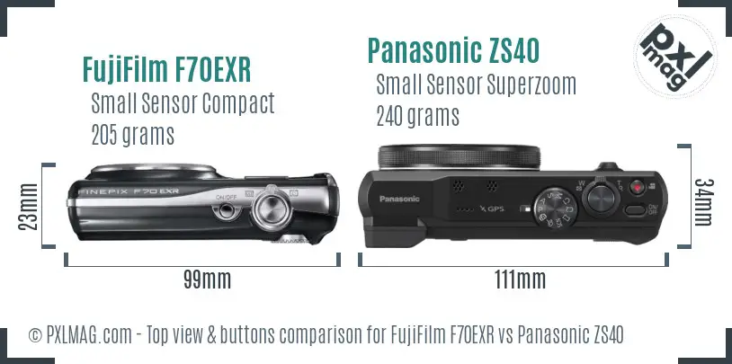 FujiFilm F70EXR vs Panasonic ZS40 top view buttons comparison