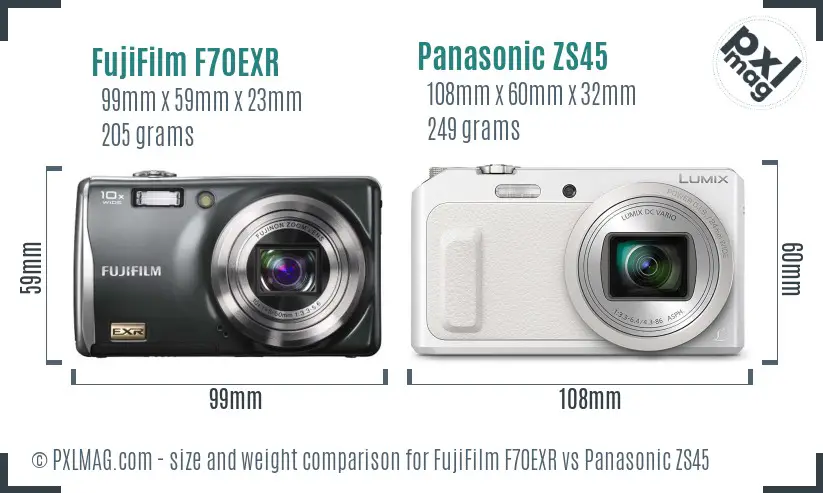 FujiFilm F70EXR vs Panasonic ZS45 size comparison