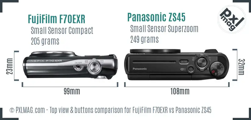 FujiFilm F70EXR vs Panasonic ZS45 top view buttons comparison