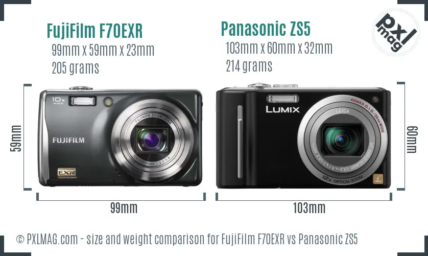 FujiFilm F70EXR vs Panasonic ZS5 size comparison