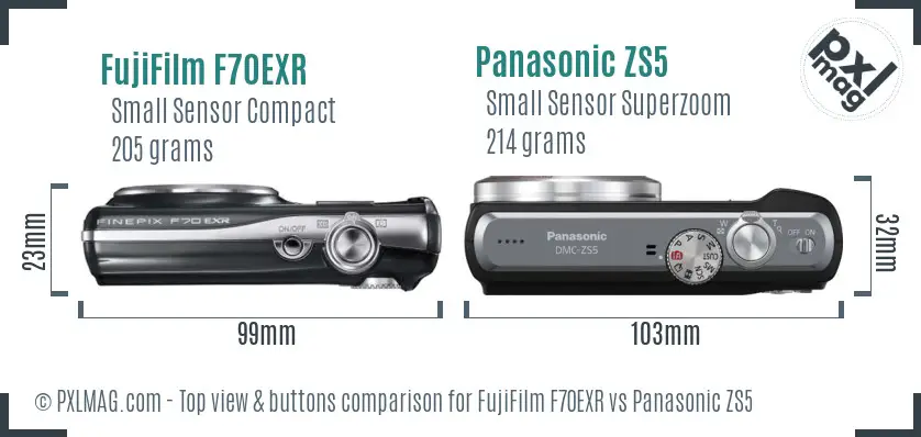 FujiFilm F70EXR vs Panasonic ZS5 top view buttons comparison