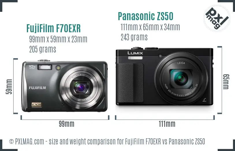 FujiFilm F70EXR vs Panasonic ZS50 size comparison