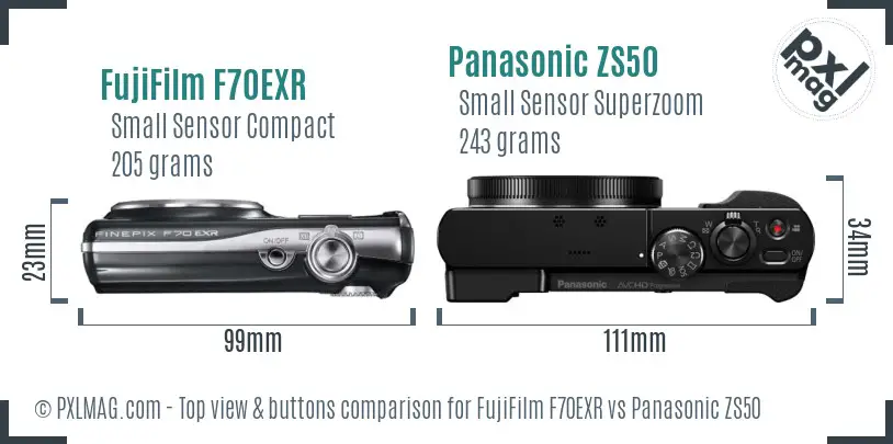 FujiFilm F70EXR vs Panasonic ZS50 top view buttons comparison