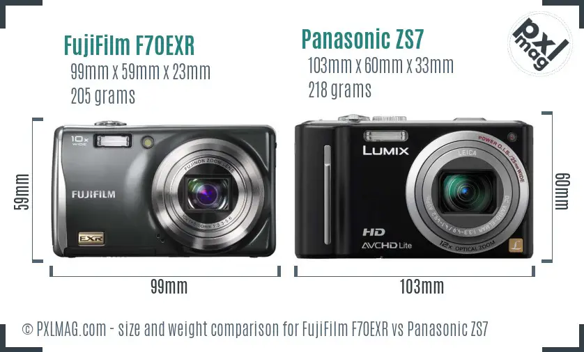 FujiFilm F70EXR vs Panasonic ZS7 size comparison