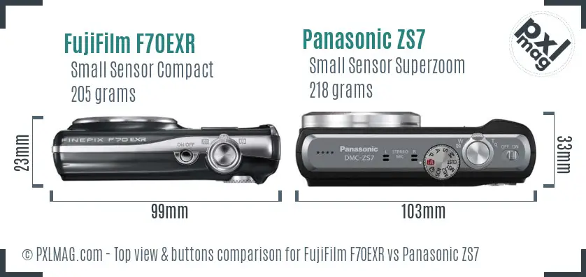FujiFilm F70EXR vs Panasonic ZS7 top view buttons comparison