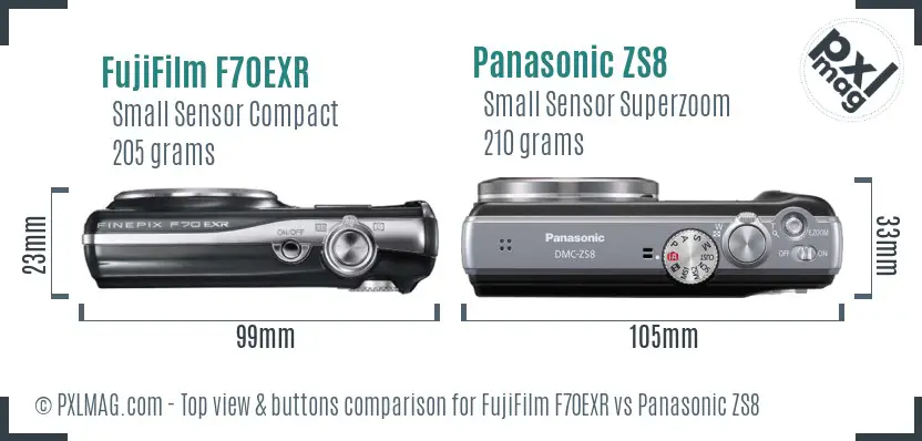 FujiFilm F70EXR vs Panasonic ZS8 top view buttons comparison