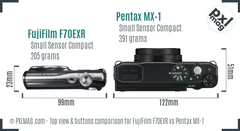 FujiFilm F70EXR vs Pentax MX-1 top view buttons comparison