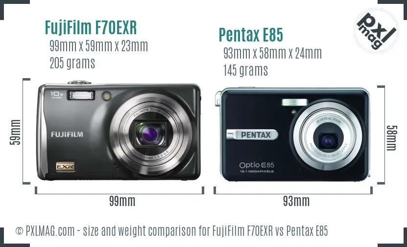 FujiFilm F70EXR vs Pentax E85 size comparison FujiFilm F70EXR vs Pentax E85 size comparison