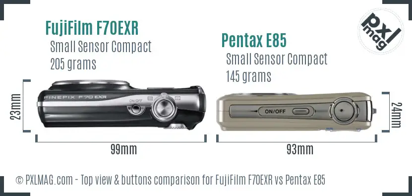 FujiFilm F70EXR vs Pentax E85 top view buttons comparison FujiFilm F70EXR vs Pentax E85 top view buttons comparison