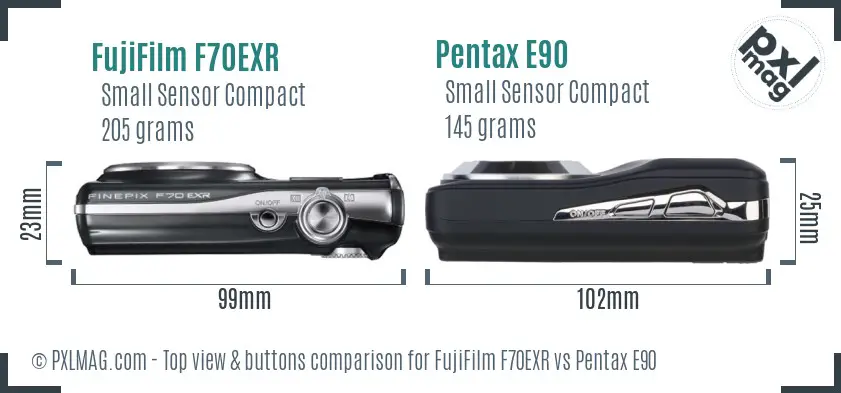 FujiFilm F70EXR vs Pentax E90 top view buttons comparison